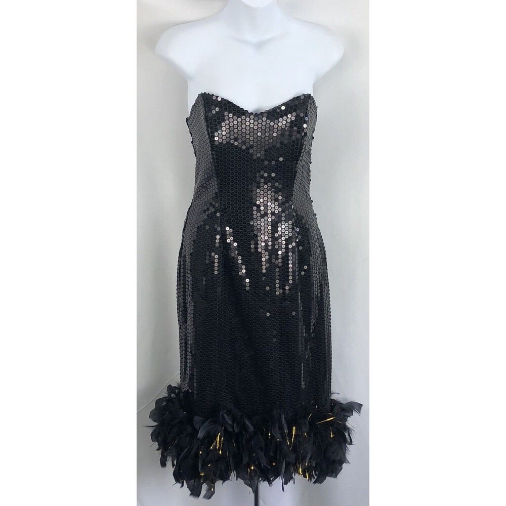 Vintage strapless Sweetheart sequin dress 5/6 Blk/gold Feather Hem Prom Party